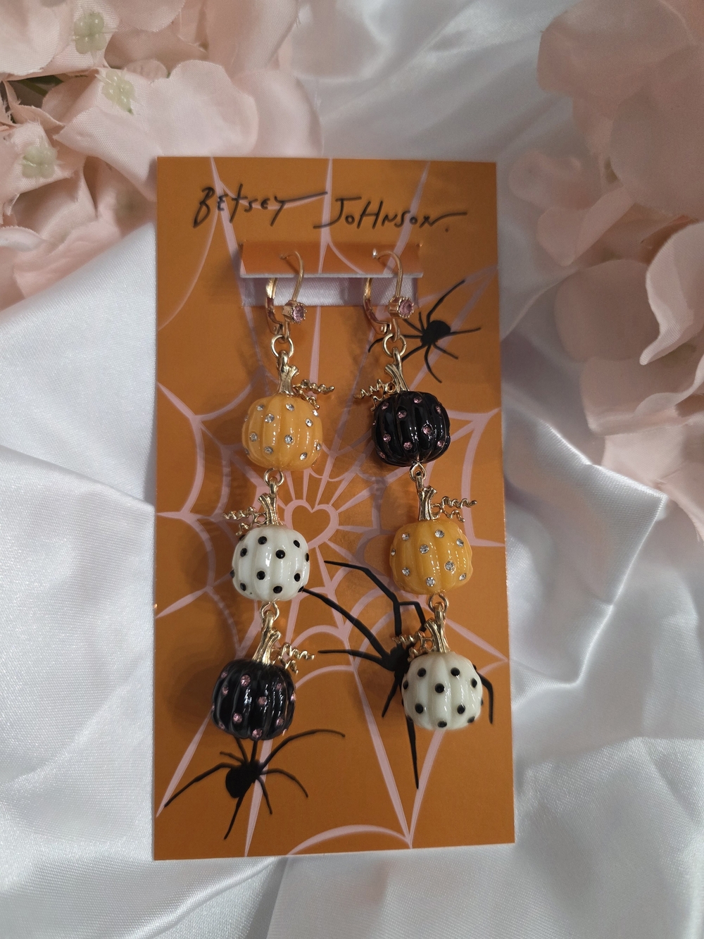 Betsey Johnson Orange Black & White Pumpkin Drop Earrings
